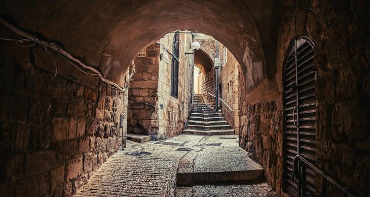 Cobblestone passageway with arched ceiling and worn stone steps leading upward between ancient walls.