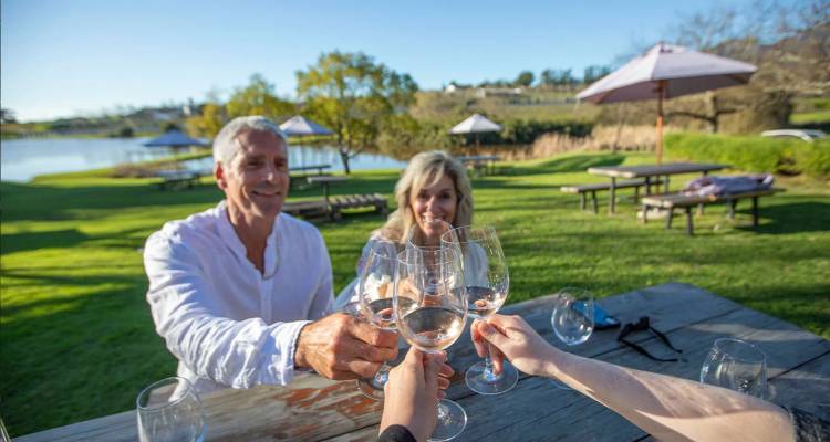 Friends toasting wine glasses at an outdoor table beside a tranquil lake and green lawns