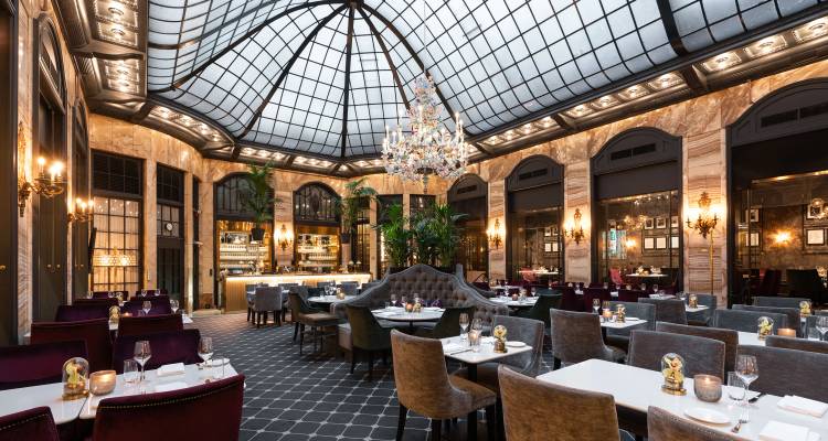 Elegant restaurant met glazen dak, kroonluchter, comfortabele stoelen en netjes gedekte tafels.