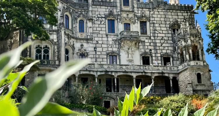 Mansión neogótica ornamentada rodeada de jardines, vista desde un ángulo bajo a través del follaje verde