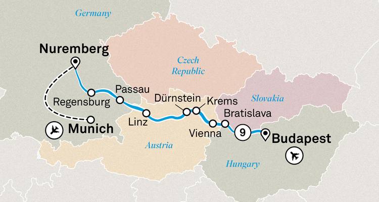 Illustrated map showing a river-cruise route from Nuremberg through several European cities to Budapest.