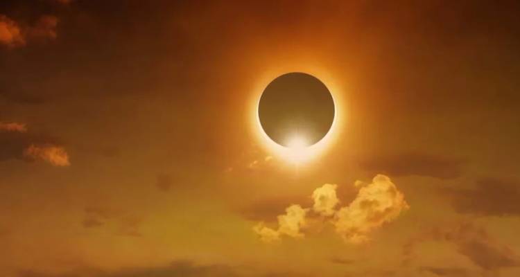 Une éclipse solaire spectaculaire brille avec une couronne flamboyante contre un ciel teinté d'orange au-dessus de nuages délicats.