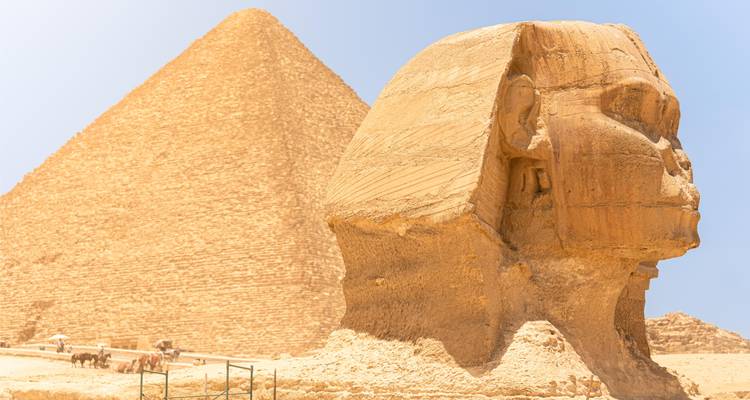 La Esfinge y la Gran Pirámide de Giza bajo la luz brillante del sol.