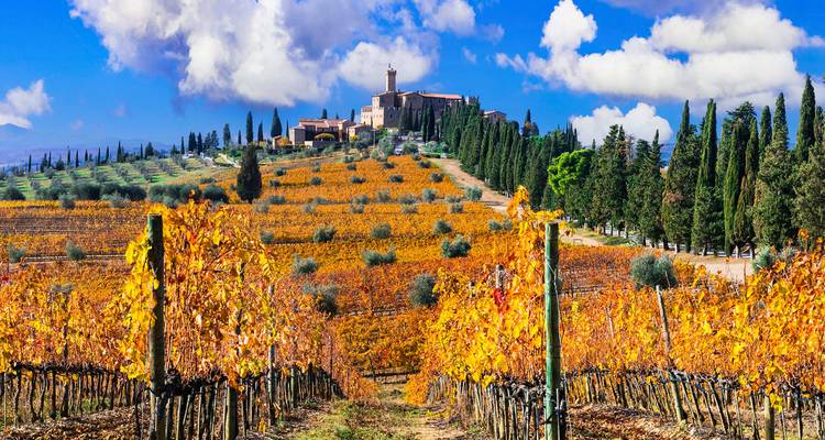Vignobles d'automne en Toscane menant à un village perché couronné par une tour médiévale et des cyprès.