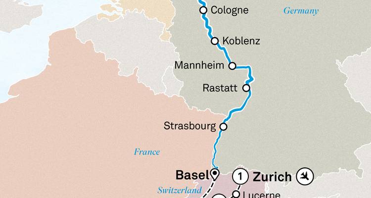 Reisroute kaart die een reisroute door Duitsland, Frankrijk en Zwitserland toont met stadslabels en blauw pad.