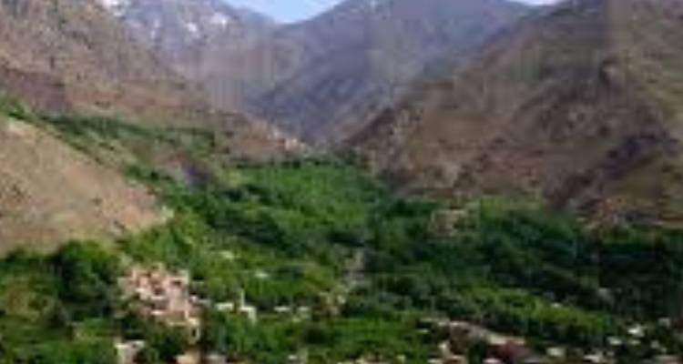 Unscharfes Bild eines Tals mit Bergen.