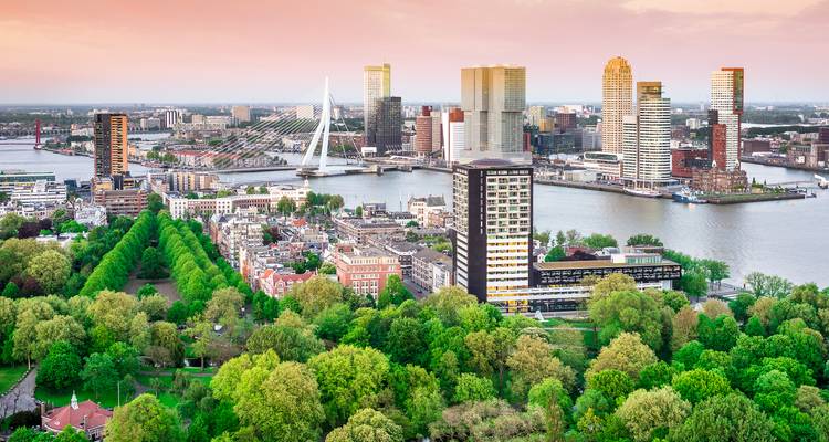 Panoramablick auf die Skyline von Rotterdam mit der Erasmusbrücke, die den Fluss unter einem pastellfarbenen Abendhimmel überspannt.