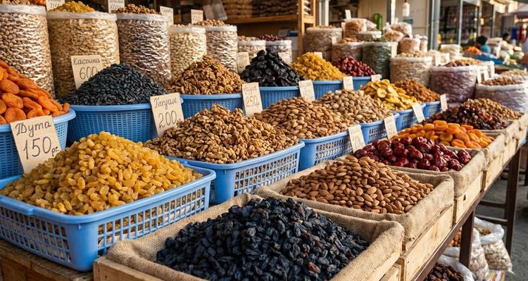 Étalage de divers fruits secs et noix à un stand de marché.