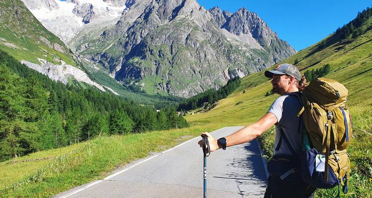 Randonneur avec bâtons de marche marchant le long d'une route alpine bordée de pentes verdoyantes luxuriantes
