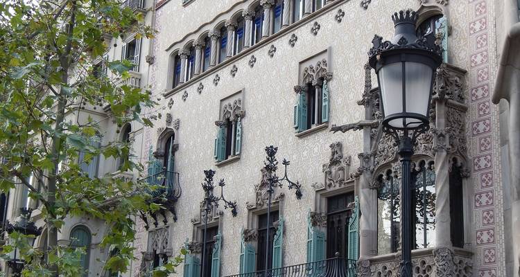 Sierlijk gedetailleerde gevelbekleding met bomen en een straatlantaarn in zicht.
