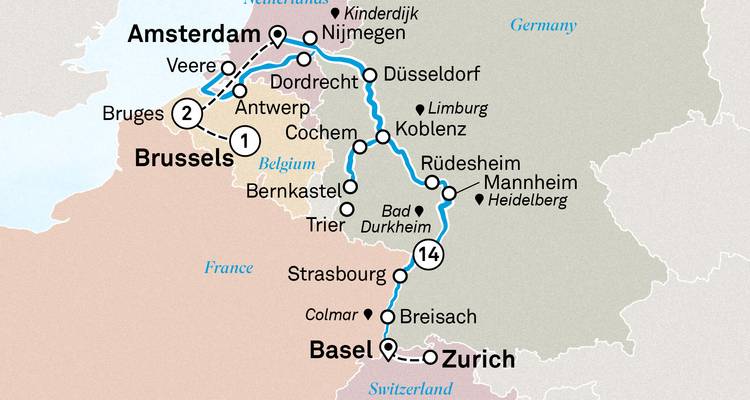 Mapa detallado del itinerario Rin-Mosela-Bruselas a través de Alemania, Países Bajos y Bélgica.