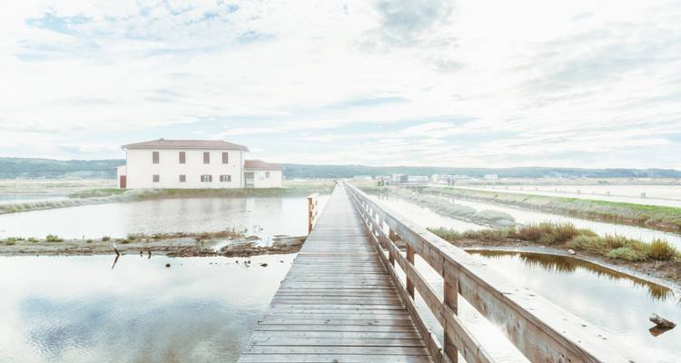 Lange houten loopbrug die reflecterende zoutvlaktes oversteekt richting een wit gebouw onder heldere, wazige luchten.