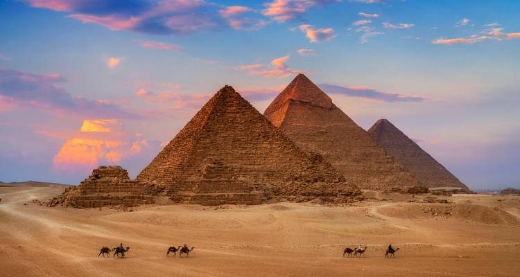 The Pyramids of Giza during a sunset with camels.