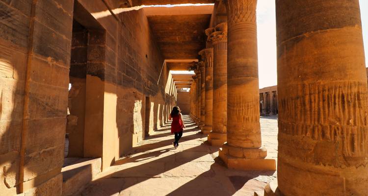 Una persona caminando por un corredor de columnas del antiguo Egipto.