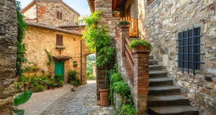 Charmante ruelle en pierre avec des maisons rustiques, des plantes vertes et une chaude lumière du soleil dans un village toscan.
