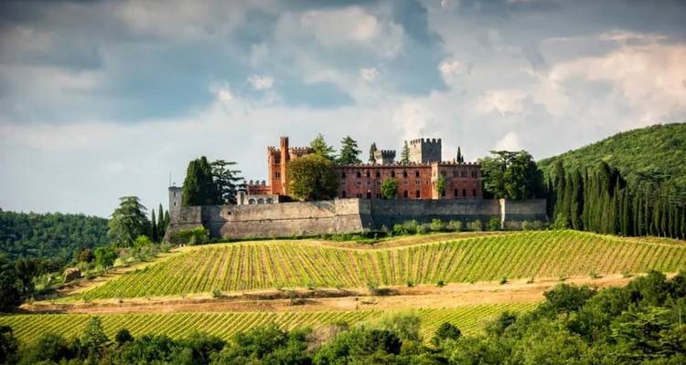 Château historique perché sur une colline entouré de vignobles et de cyprès.