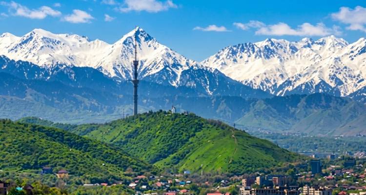 Panoramisch uitzicht van een stadslandschap met besneeuwde bergen op de achtergrond.