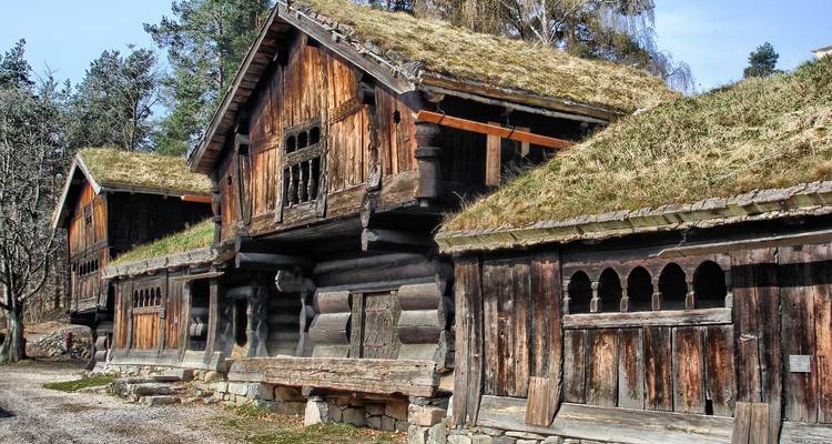 Rangée de vieilles fermes en bois avec toits de gazon au Musée folklorique norvégien.