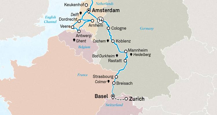 Mapa completo de crucero por Países Bajos-Bélgica-Rin-Suiza con extensión a Keukenhof.