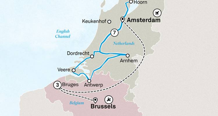 Tourenroutenkarte von Belgien und den Niederlanden mit Hervorhebung von Amsterdam, Brüssel, Antwerpen und Brügge.