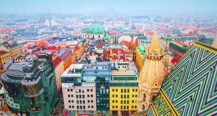 Tejados coloridos de Viena vistos desde el techo de tejas con patrones de la Catedral de San Esteban en un día brumoso.
