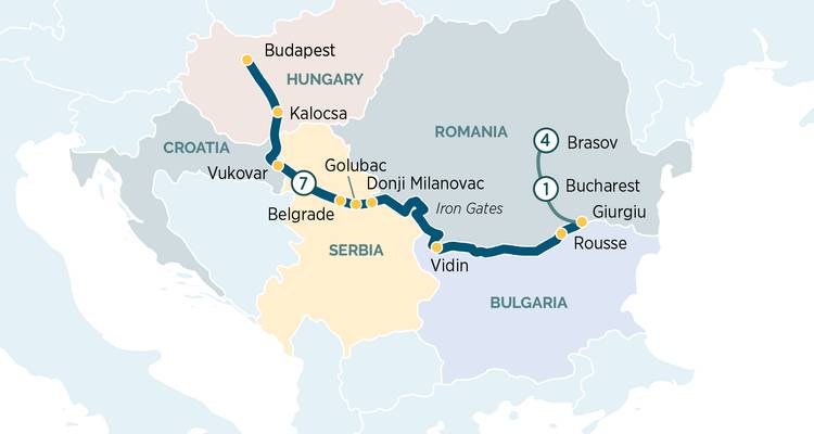 Carte d'itinéraire de voyage incluant Budapest, Brașov et Bucarest avec l'itinéraire fluvial marqué.
