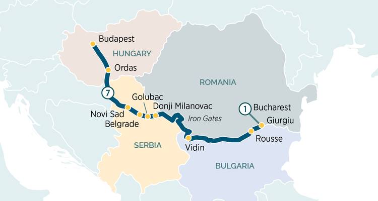 Map of lower Danube river cruise between Budapest and Bucharest
