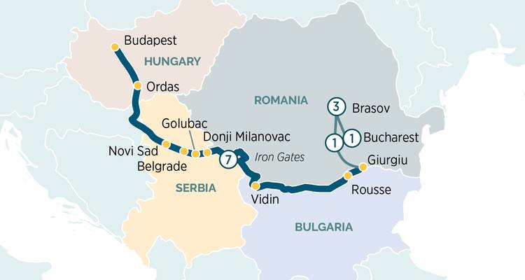 Carte dupliquée de croisière sur le Danube montrant l'itinéraire de Budapest à Bucarest en passant par les Portes de Fer.