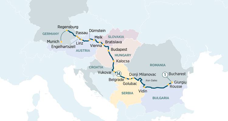 Uitgebreide cruisekaart van München naar Boekarest via de Donau en zijn zijrivieren.