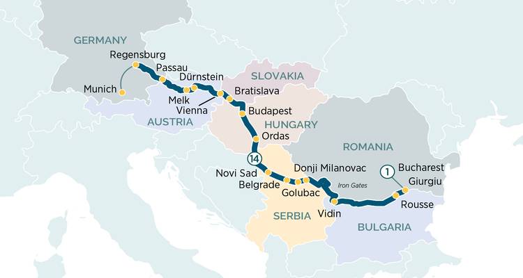 Uitgebreide Donau cruisekaart van München naar Boekarest via meerdere Europese hoofdsteden.