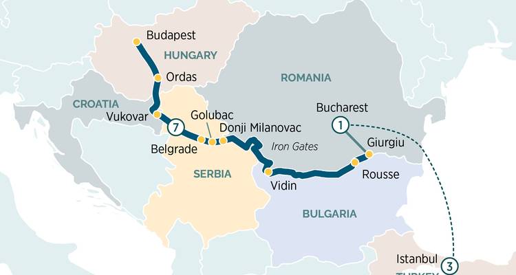 Carte de croisière étendue sur le Danube de Budapest à Istanbul avec les points forts des Balkans