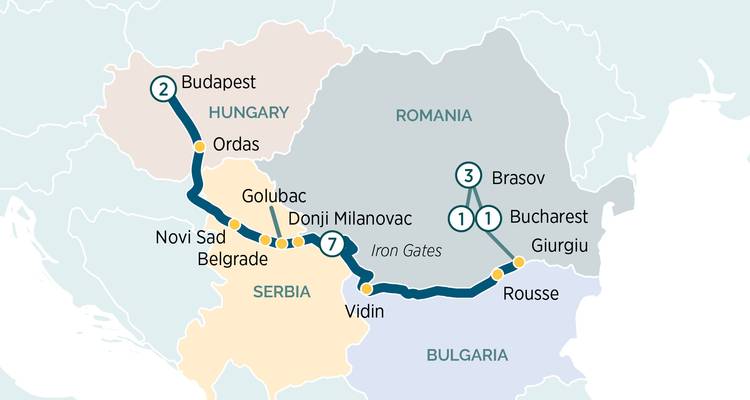 Donau cruise kaart variant gericht op het traject door Servië, Roemenië en Bulgarije.
