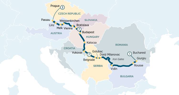 Carte d'itinéraire de croisière étendue couvrant de la République tchèque à la Roumanie le long de plusieurs rivières.