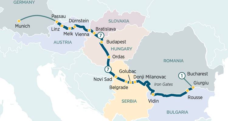 Mapa extendido del Danubio con pre-excursión a Múnich y post-excursión a Bucarest a través de varios países.