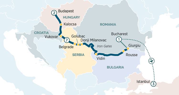 Simplified map showing a tour route from Budapest to Istanbul via several Balkan cities