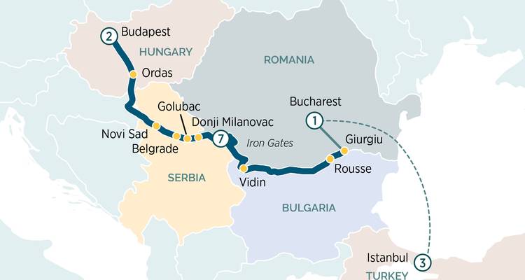 Danube cruise map from Budapest to Vidin with Bucharest and Istanbul extensions.