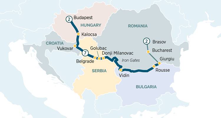 Carte régionale codée par couleur montrant une croisière de Bucarest à Budapest avec des escales à travers les Balkans