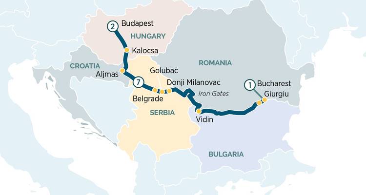 Cruise route map from Bucharest to Budapest through Serbia and Bulgaria