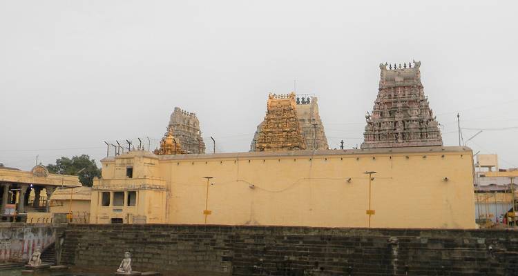 Complejo de templos de color amarillo apagado con tres gopurams ornamentados se alza contra un cielo gris en Tamil Nadu.