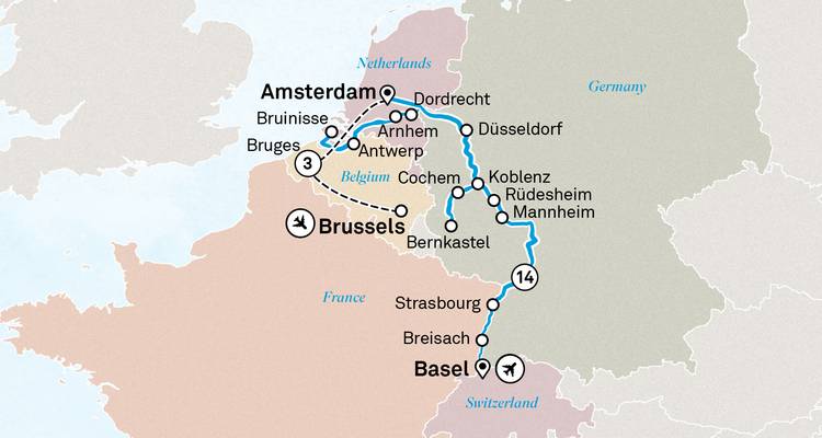 Carte d'itinéraire illustrée montrant un parcours de croisière d'Amsterdam à travers la Belgique et l'Allemagne jusqu'à Bâle.