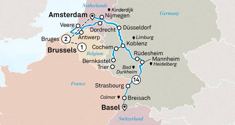 Mapa extendido que comienza en Bruselas y luego sigue las vías fluviales hasta Ámsterdam y Basilea-Zúrich.