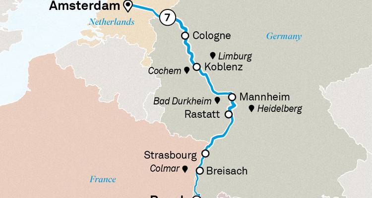 Mapa simple del crucero de Ámsterdam a Basilea destacando las paradas del Rin.