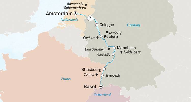 Mapa que muestra el viaje por el río Rin desde Ámsterdam hasta Basilea con las principales ciudades vinícolas alemanas.