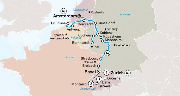 Carte de circuit complète couvrant Amsterdam, le Rhin, les Alpes suisses et Vienne.