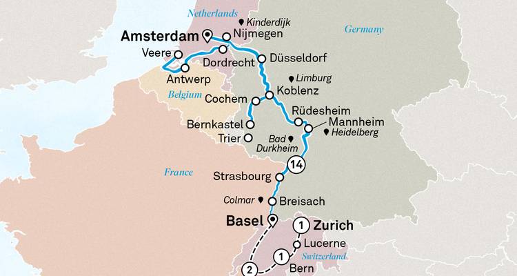 Mapa de crucero que conecta Ámsterdam, Amberes, Basilea y Zúrich a través del Rin y el Mosela.