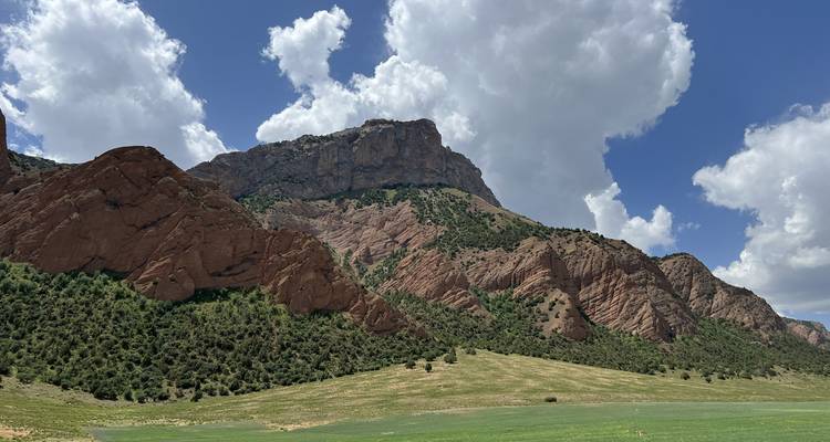 Indrukwekkende rode rotswand rijst op boven een grasrijke vlakte onder een blauwe hemel bezaaid met stapelwolken.