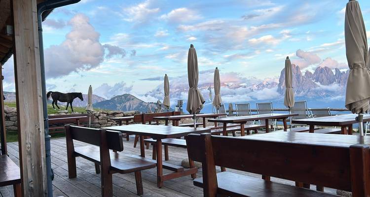 Terrasse en bois avec des tables vides et des parasols donnant sur des pics montagneux déchiquetés ; un cheval se tient à proximité.