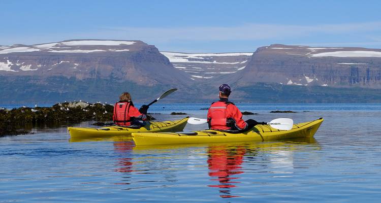 Two yellow kayaks with paddlers admiring snow-topped cliffs across a fjord