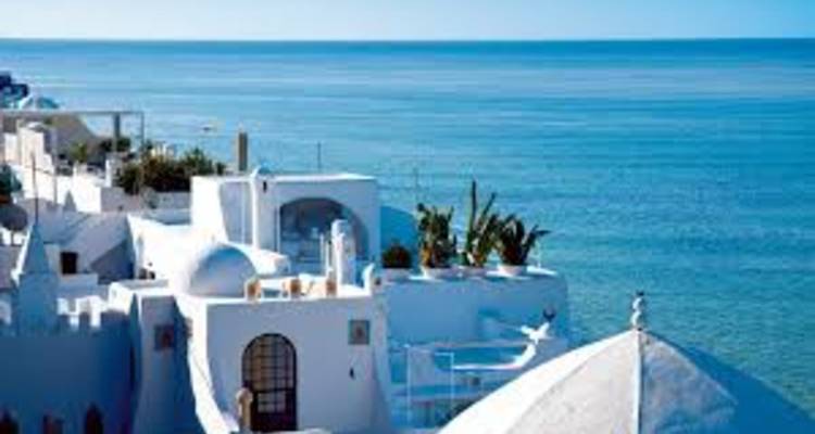 Toits blancs en dôme et accents bleus de Sidi Bou Saïd se détachant sur un horizon de mer bleue calme.