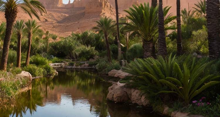Bassin réfléchissant entouré de palmiers luxuriants et de falaises désertiques dans une oasis.